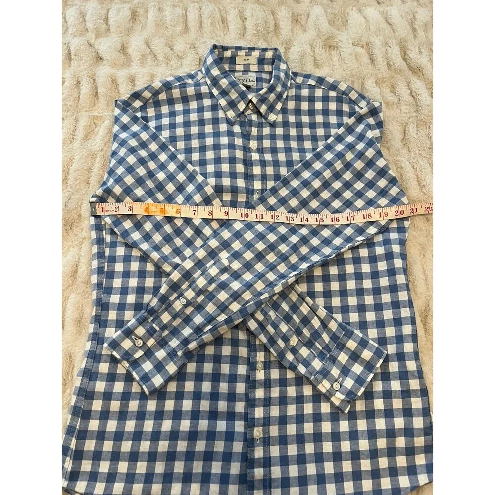 J.Crew Men's Slim Fit Gingham Long Sleeve Button-Down Shirt blue and white Med